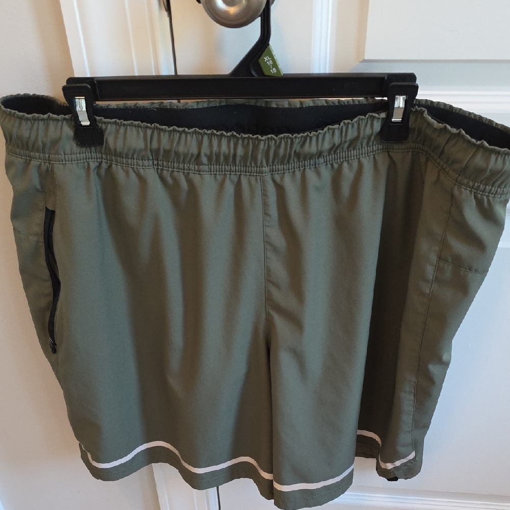 Motion Olive Green Athletic Shorts Grey Trim, Zip Pocket, Interior Lining